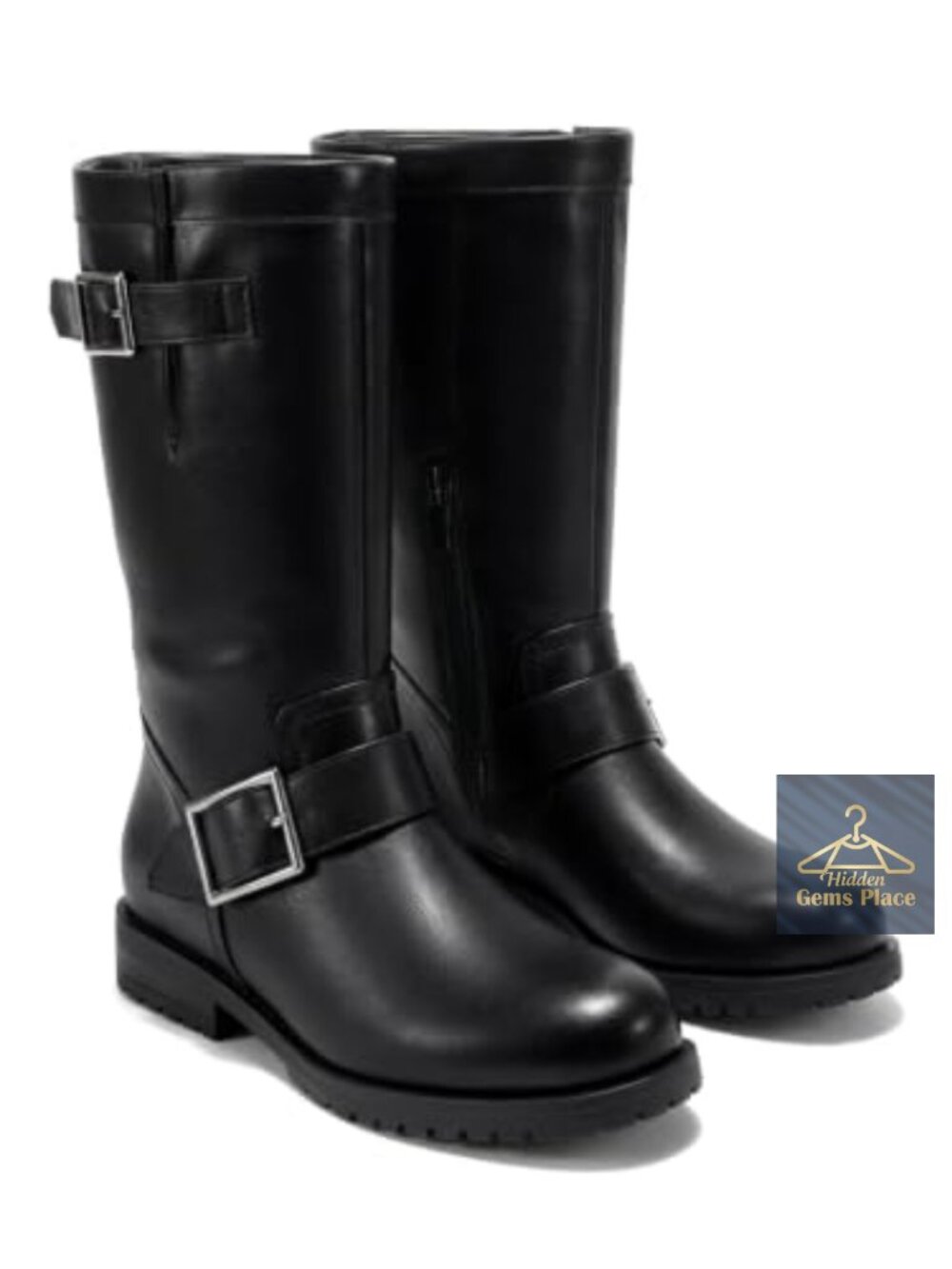 Women's Mid Calf Combat Boots Low Heel Zipper Motorcycle Biker, Faux Leather,